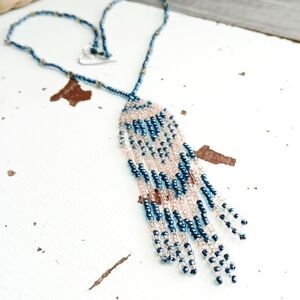 Beaded Fringe Necklace, Blue & Pink Seed Bead Jewelry, 16"
